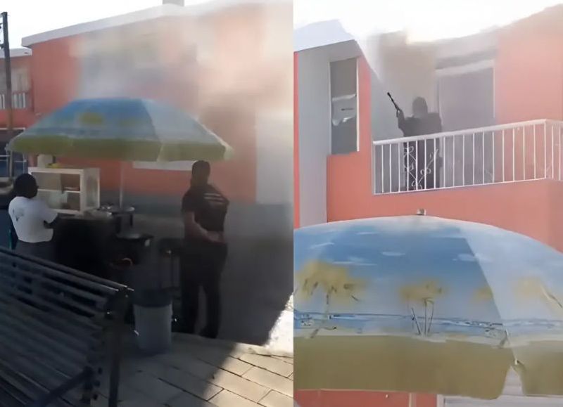 Un hombre rocía agua a vendedor de frituras mientras le pide que se vaya